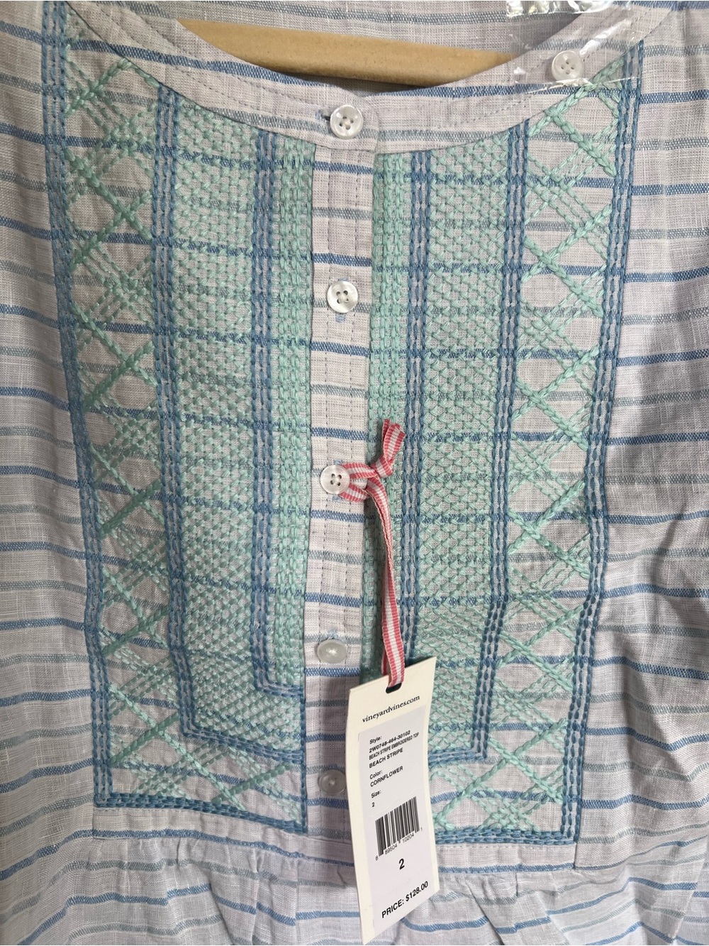 Vineyard Vines Beach Stripe Embroidered Popover top Sz 2 NWT - Picture 3 of 11